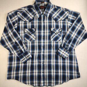 Plains Western Wear Shirt Mens XXL 2X Blue Plaid Big Man Long Sleeve Pearl Snaps